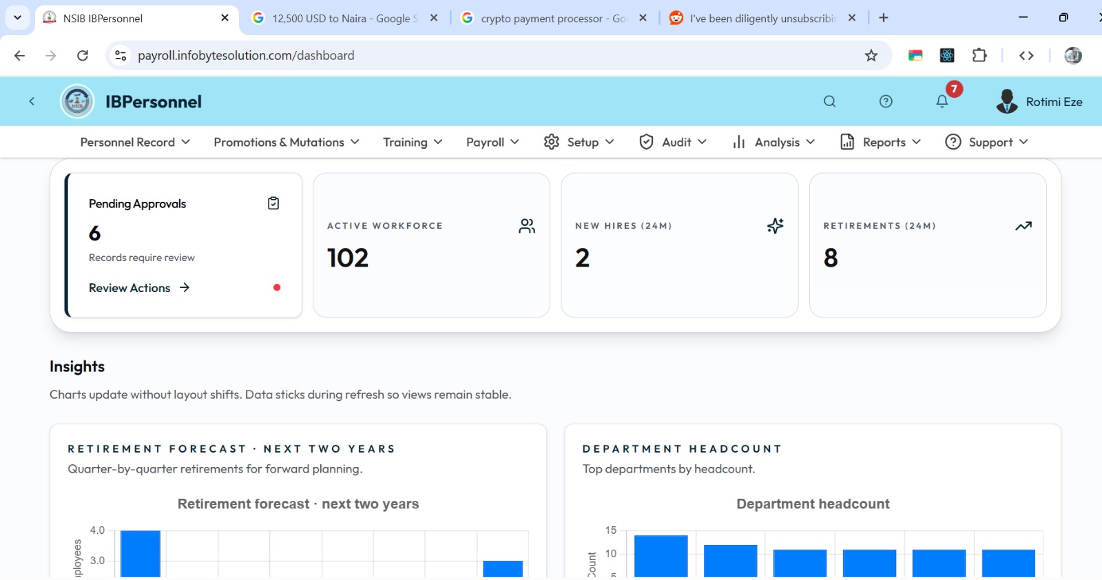 The IBPersonnel dashboard showing employee records and HR operations across NAMA departments