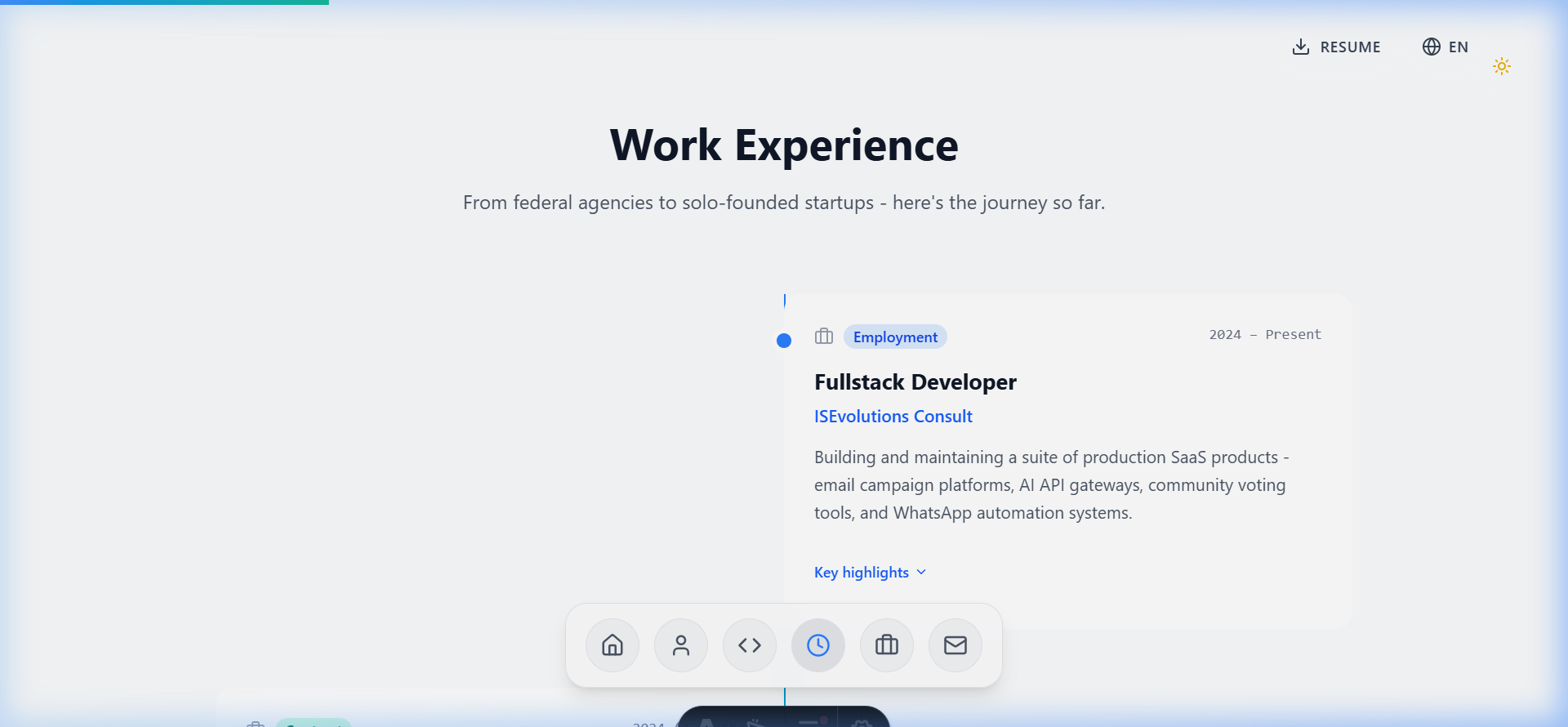 The Experience and Timeline section highlighting professional history.