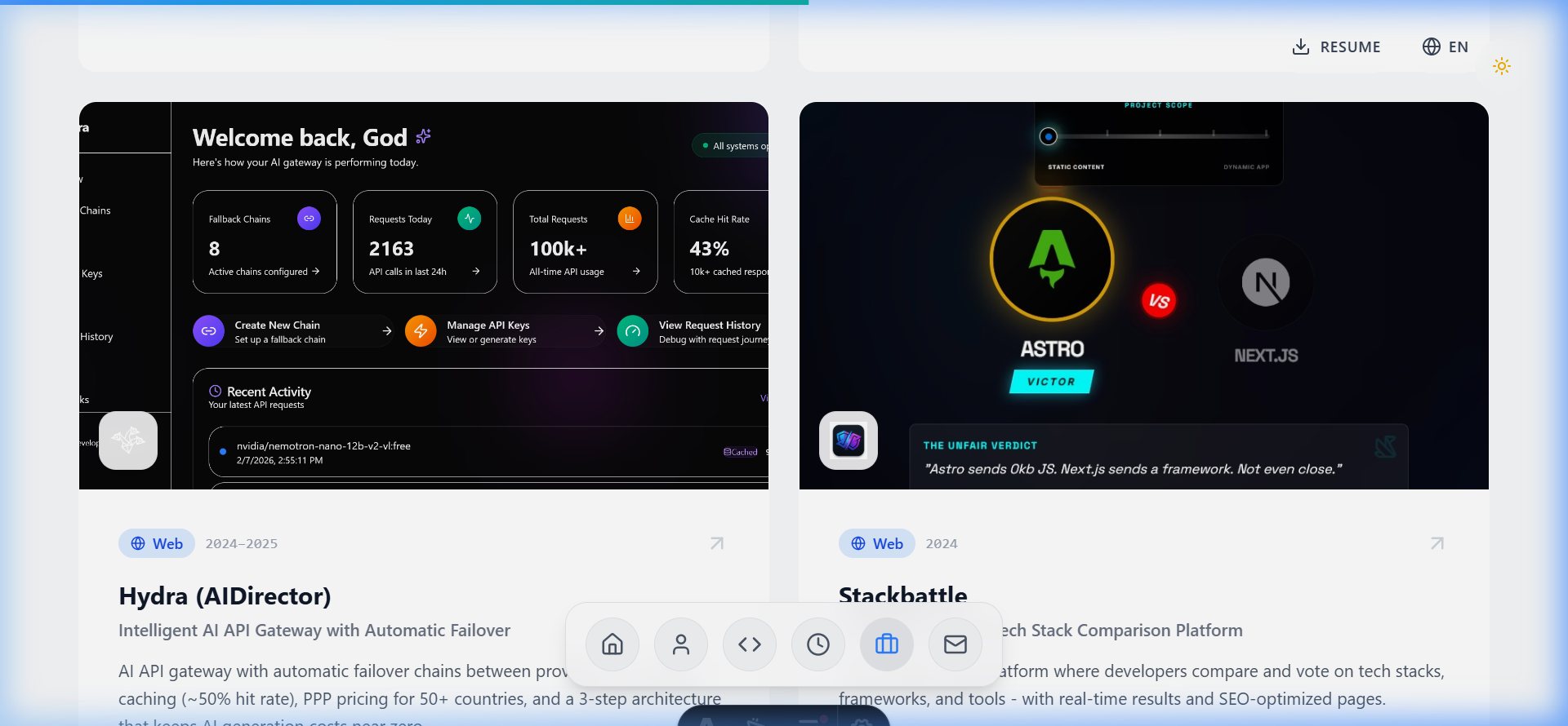 The Cases/Projects section showcasing a scrollable grid of deep-dive case studies.